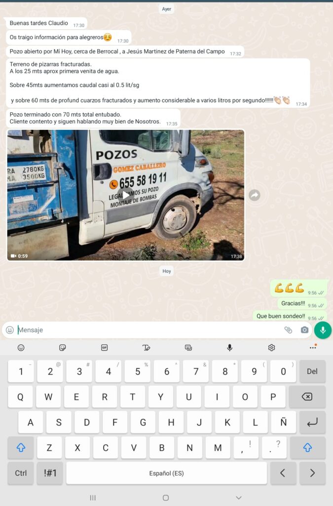 Captura de WhatsApp de cliente valorando el resultado del sondeo de agua en Berrocal Huelva realizado por IGEAS