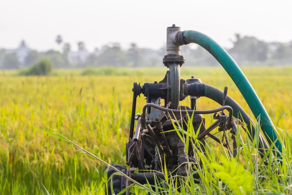 Sondeo de agua en explotación agrícola con sistema de bombeo instalado en campo